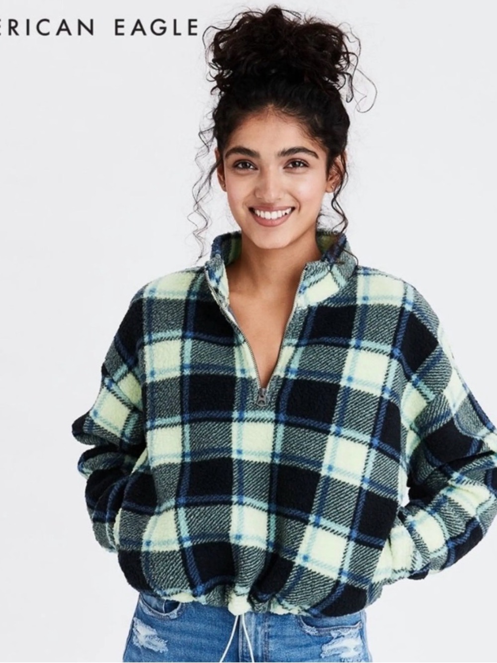 American Eagle Outfitters Mint Green and Black Plaid Half-Zip Fleece Jacket